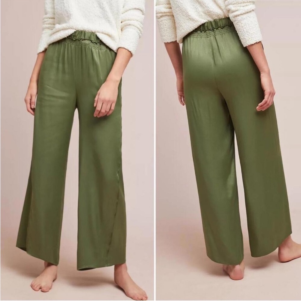 Anthropologie Saturday Sunday Olive Satin Wide Leg Pull On Pants